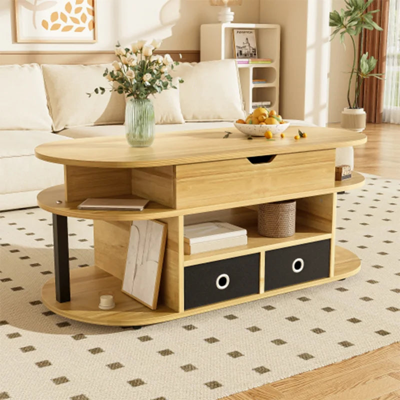 Table basse en bois avec plateau relevable et tiroirs tissu