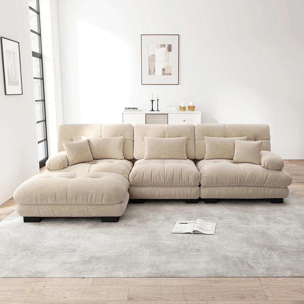 Canapé d’angle modulable en chenille avec pouf