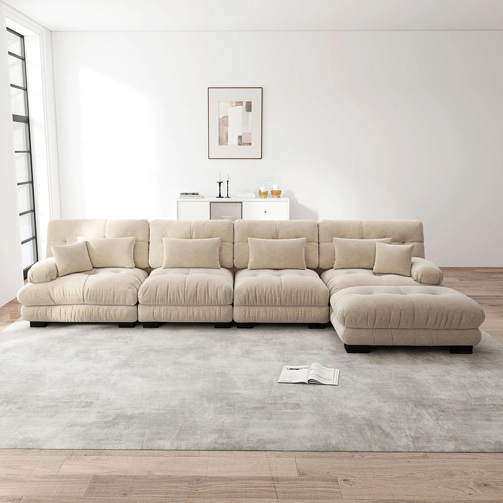 Canapé d’angle modulable 4 places en chenille avec pouf