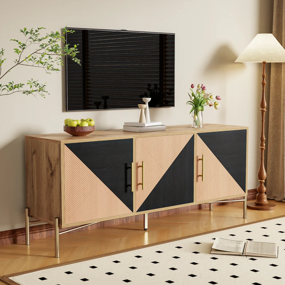 Meuble TV bois foncé et noir avec rangements à portes battantes