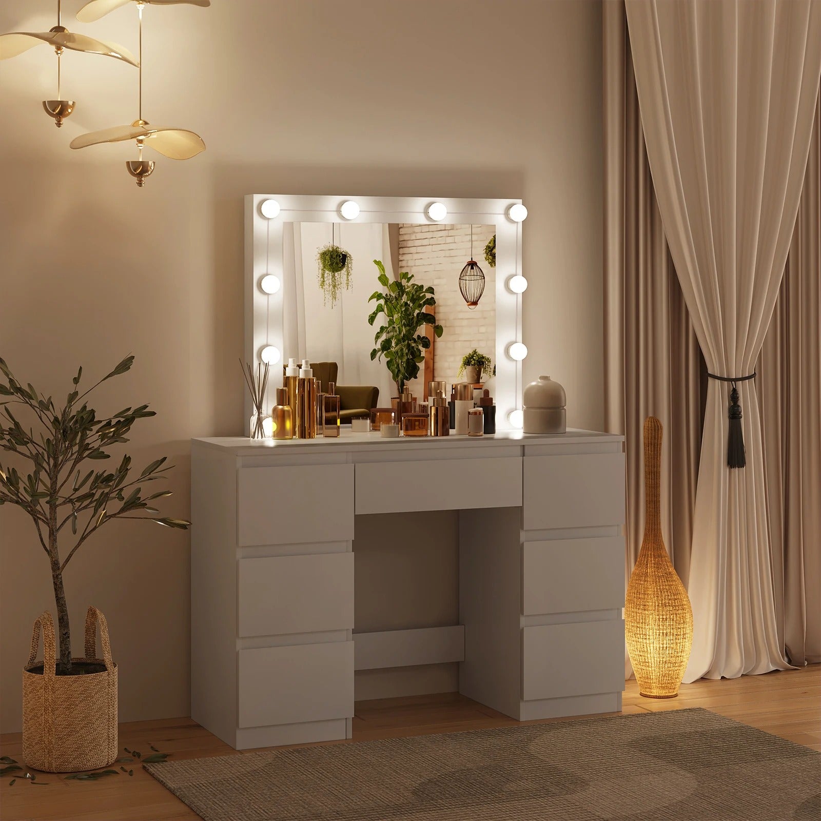Coiffeuse grand miroir LED à tiroirs