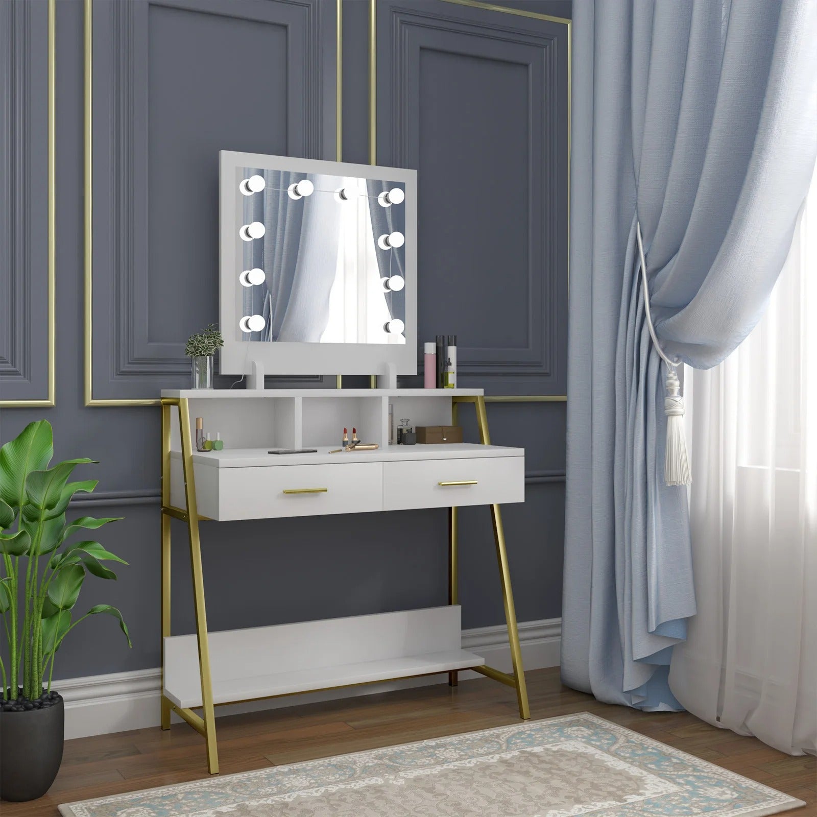 Coiffeuse blanche LED avec structure dorée