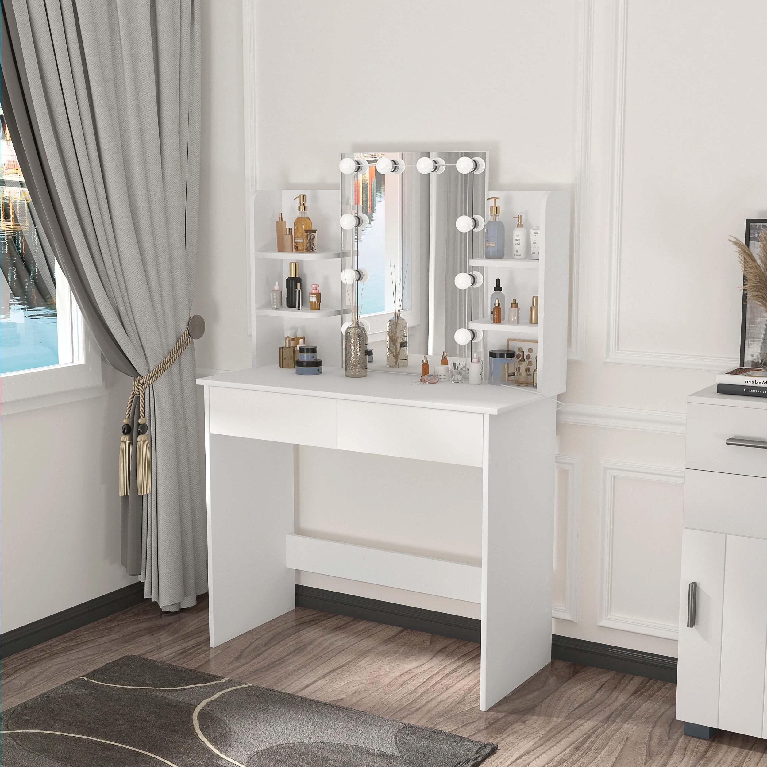 Coiffeuse miroir LED à étagères
