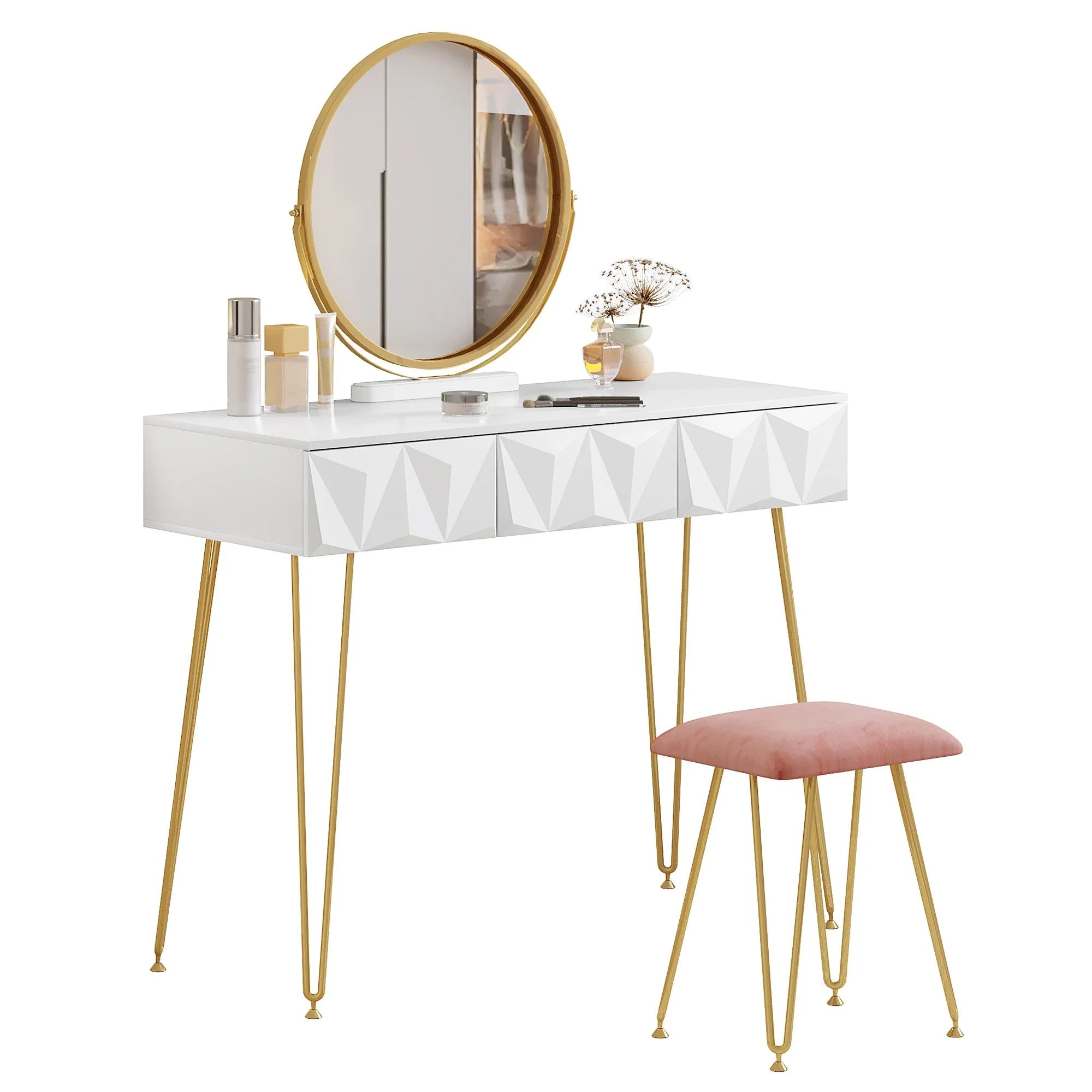 Coiffeuse miroir rond et tabouret