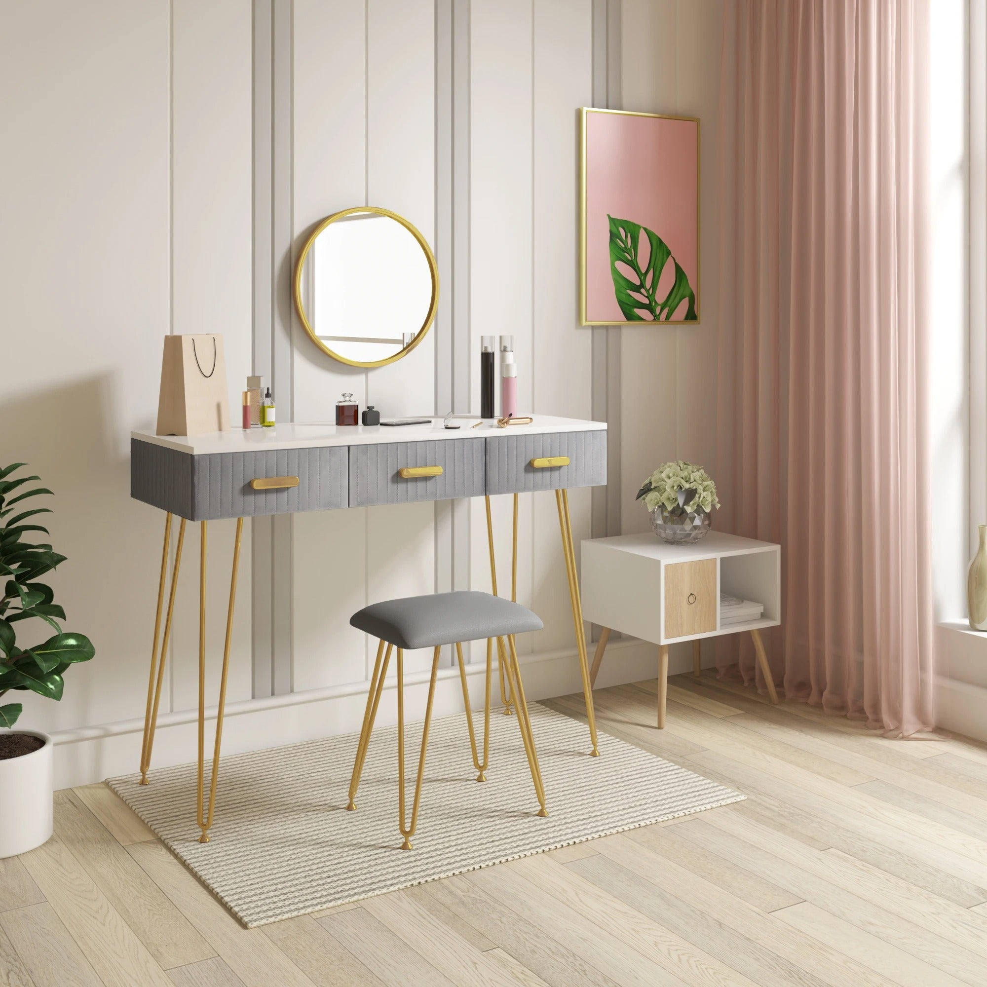 Coiffeuse miroir suspendu et tabouret