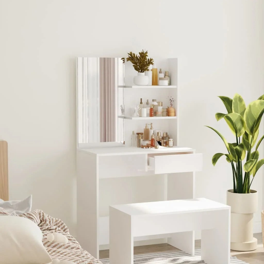 Coiffeuse blanche avec miroir et étagères