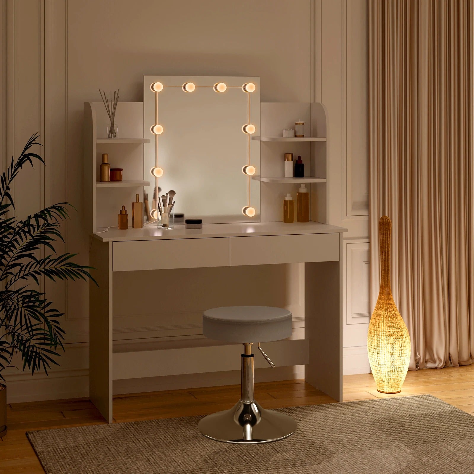 Coiffeuse miroir LED et étagères