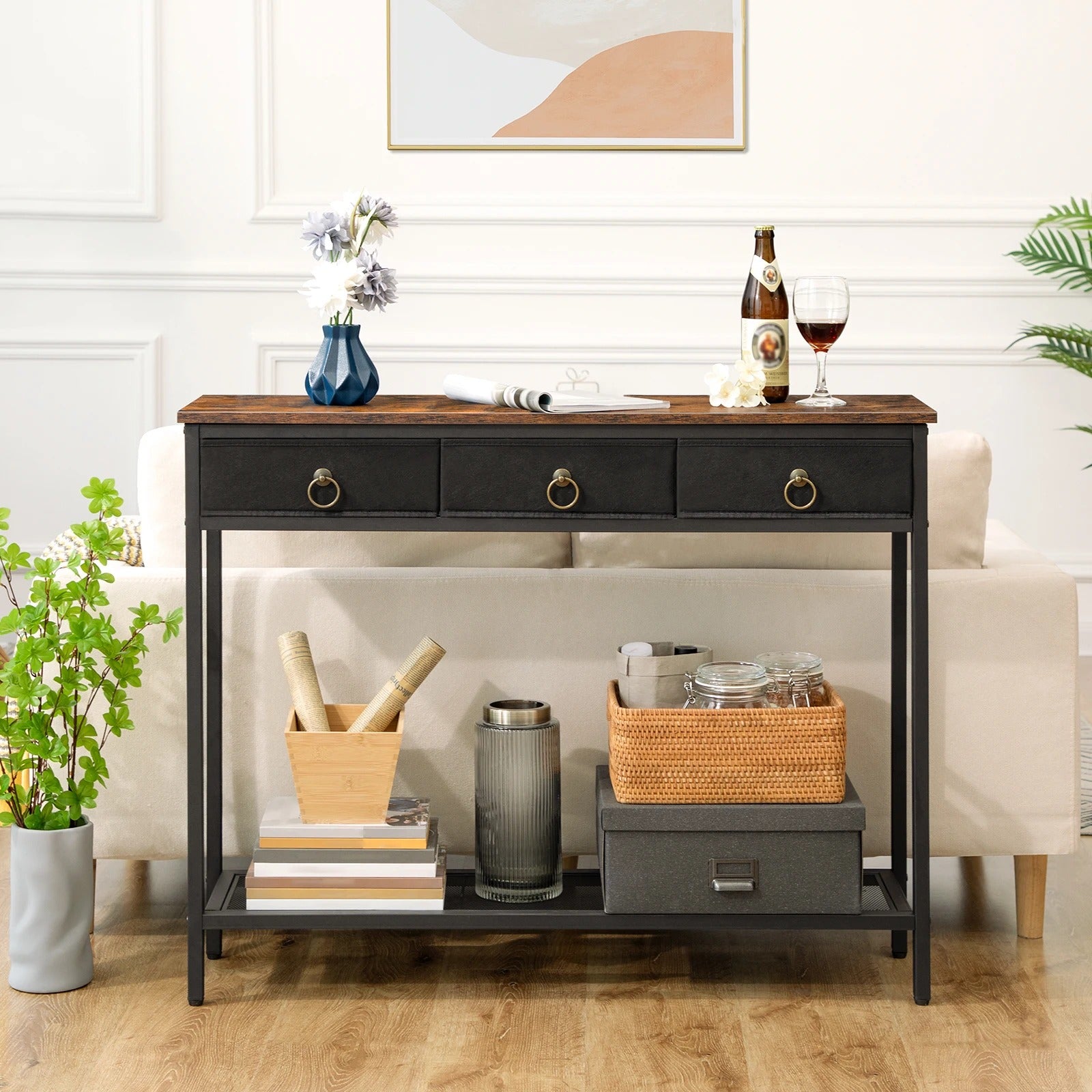 Console étroite avec tiroirs et étagère