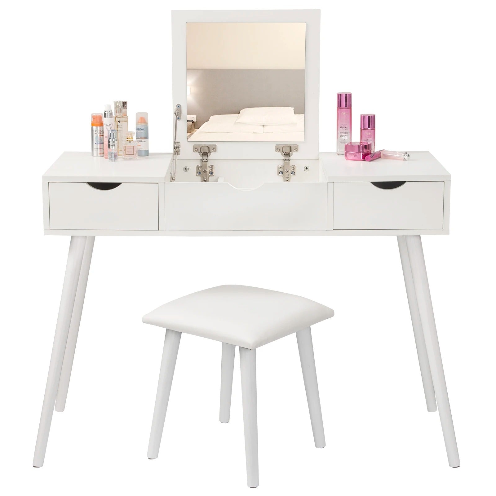 Coiffeuse blanche avec miroir rabattable