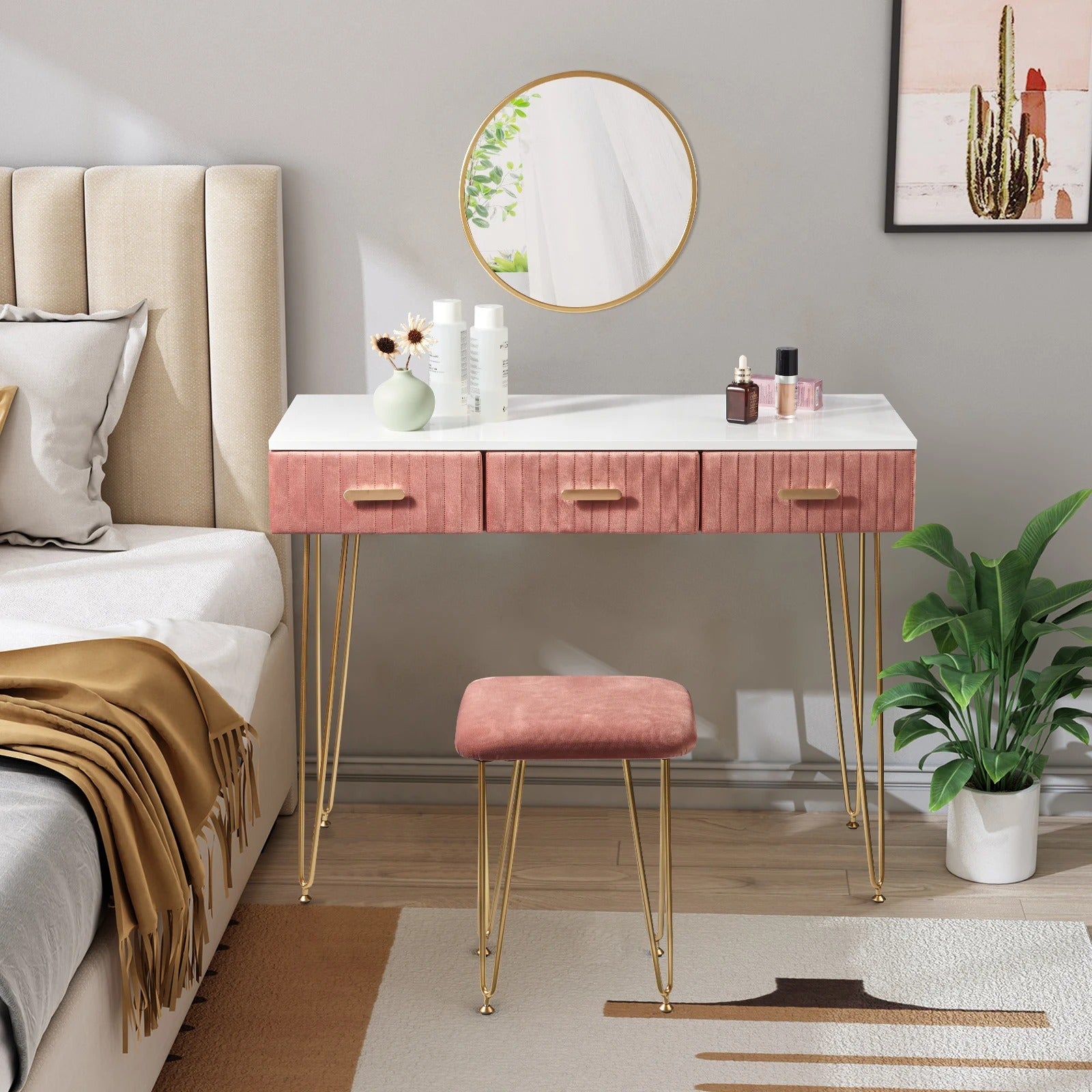 Coiffeuse miroir suspendu et tabouret