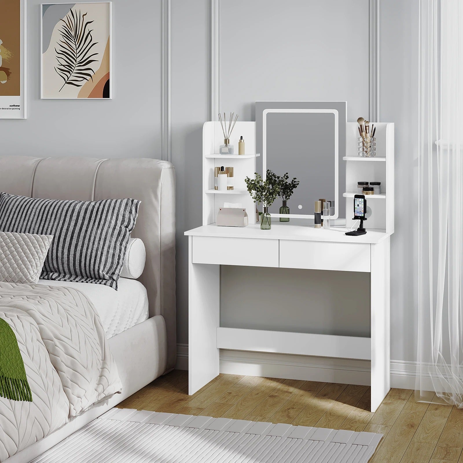 Coiffeuse blanche avec miroir LED USB