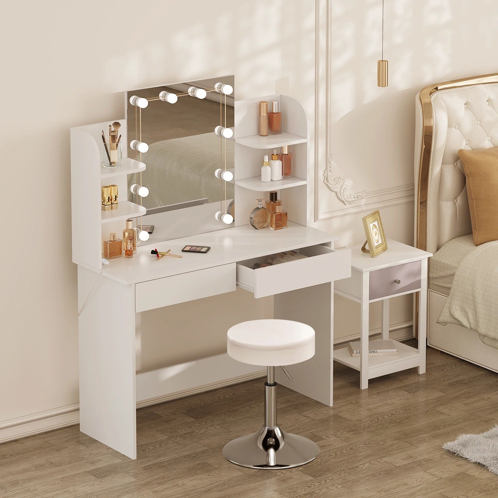 Coiffeuse miroir LED et étagères