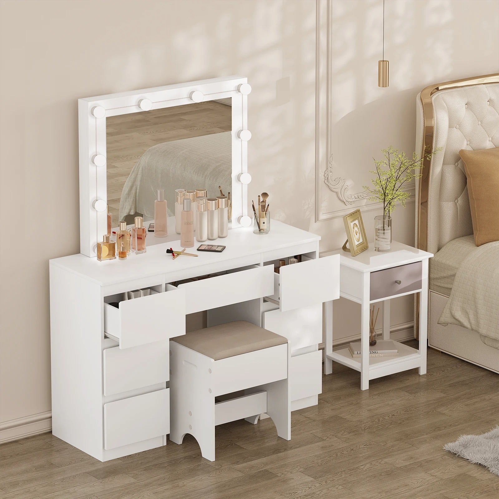 Coiffeuse grand miroir LED à tiroirs