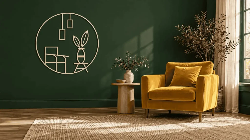 Salon au mur vert forêt orné de l’emblème mural Aetheris, avec fauteuil en velours jaune moutarde et table d’appoint en bois