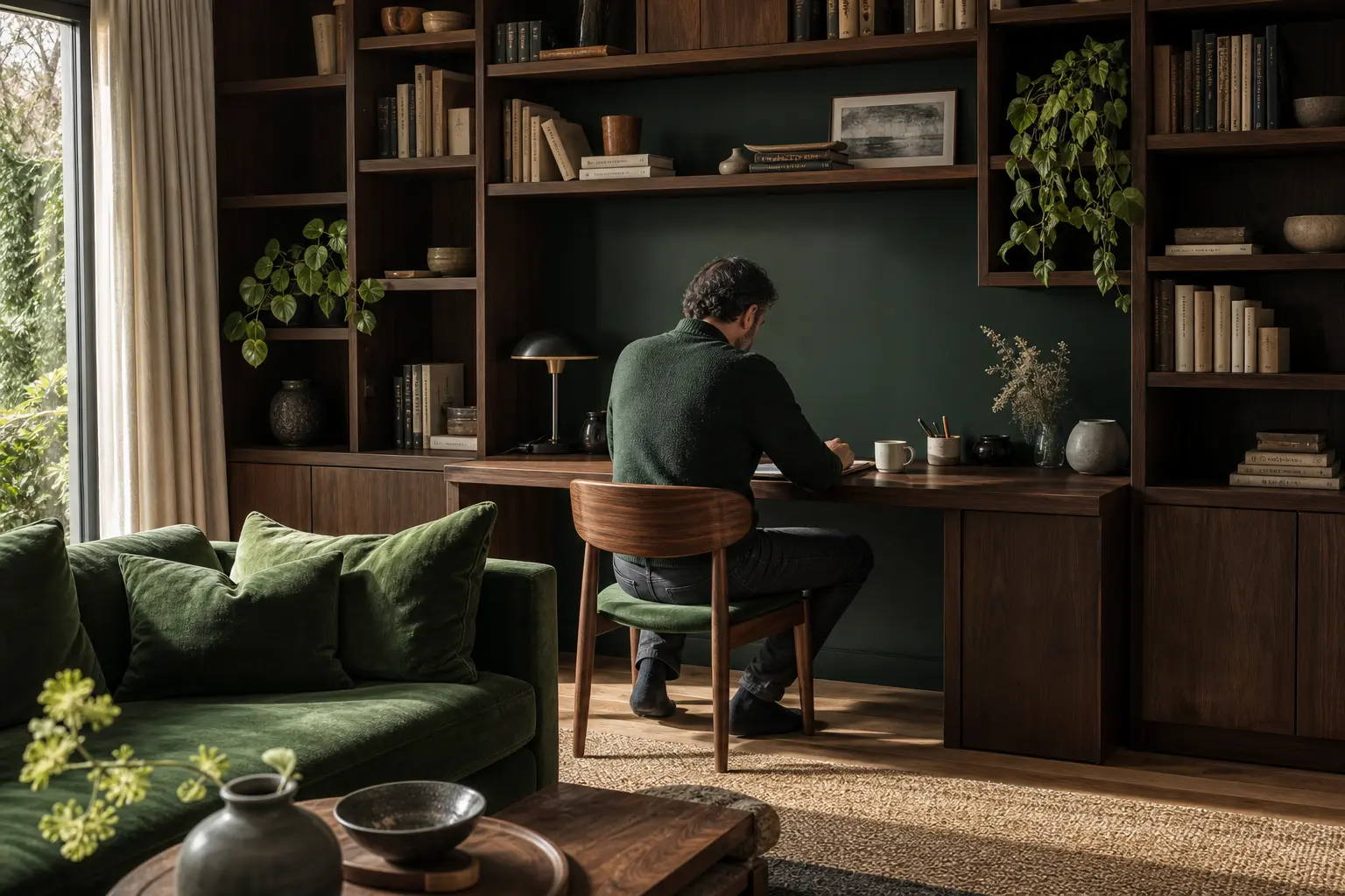 intégrer un coin bureau dans une bibliothèque du salon