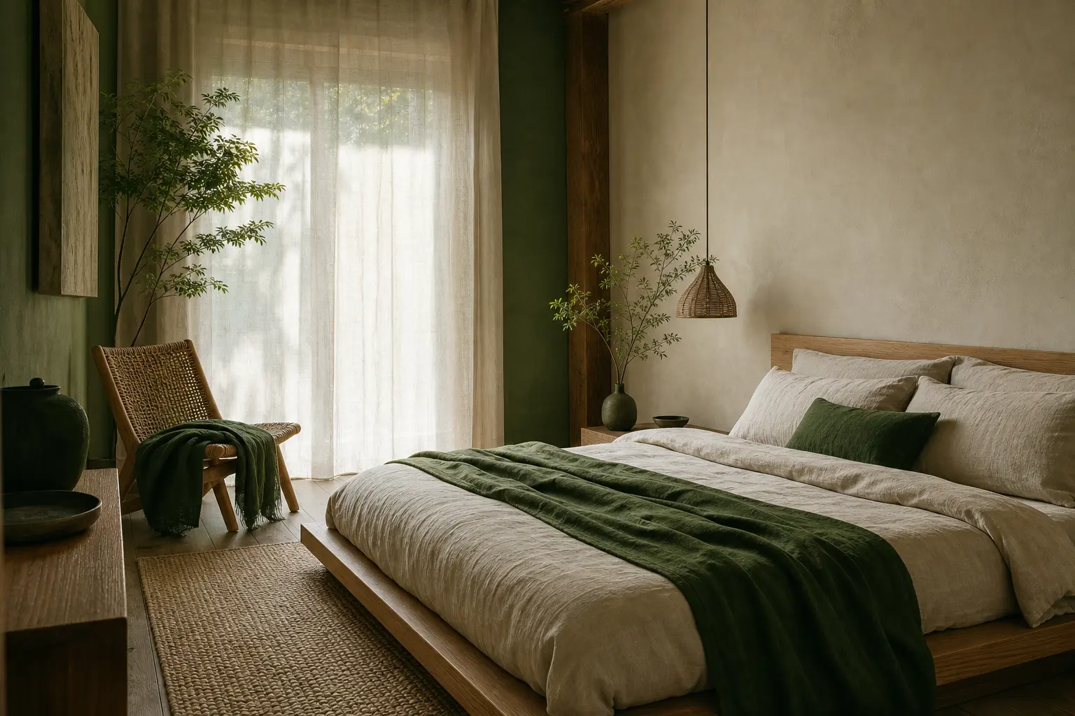 chambre en style japandi avec bois naturel et lin