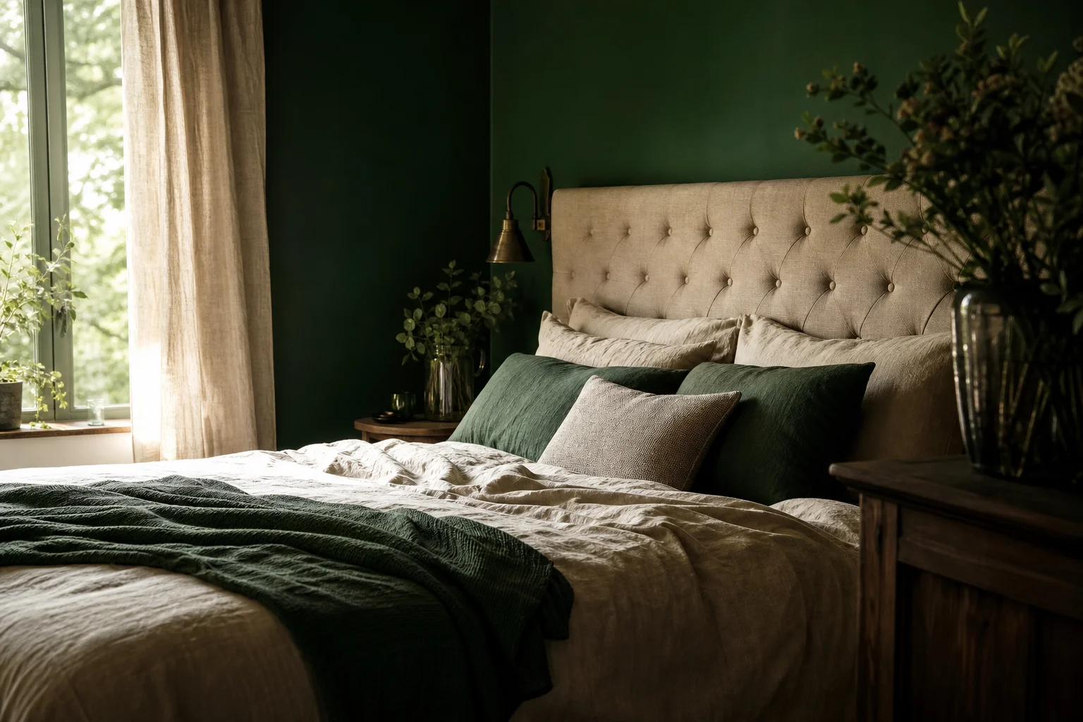 Chambre vert sapin apaisante avec linge de lit beige