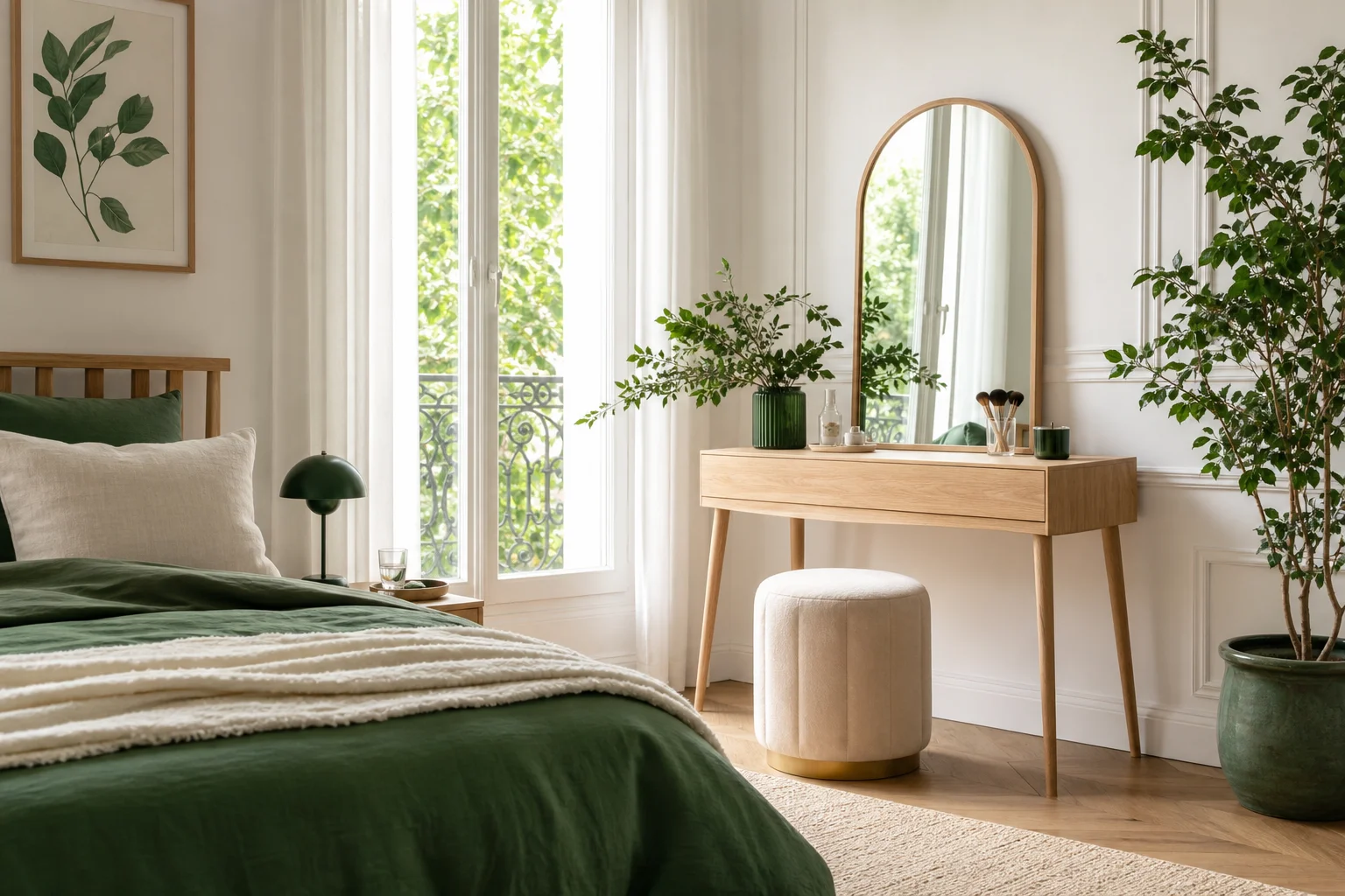 Coiffeuse chambre style scandinave en bois clair avec tabouret velours