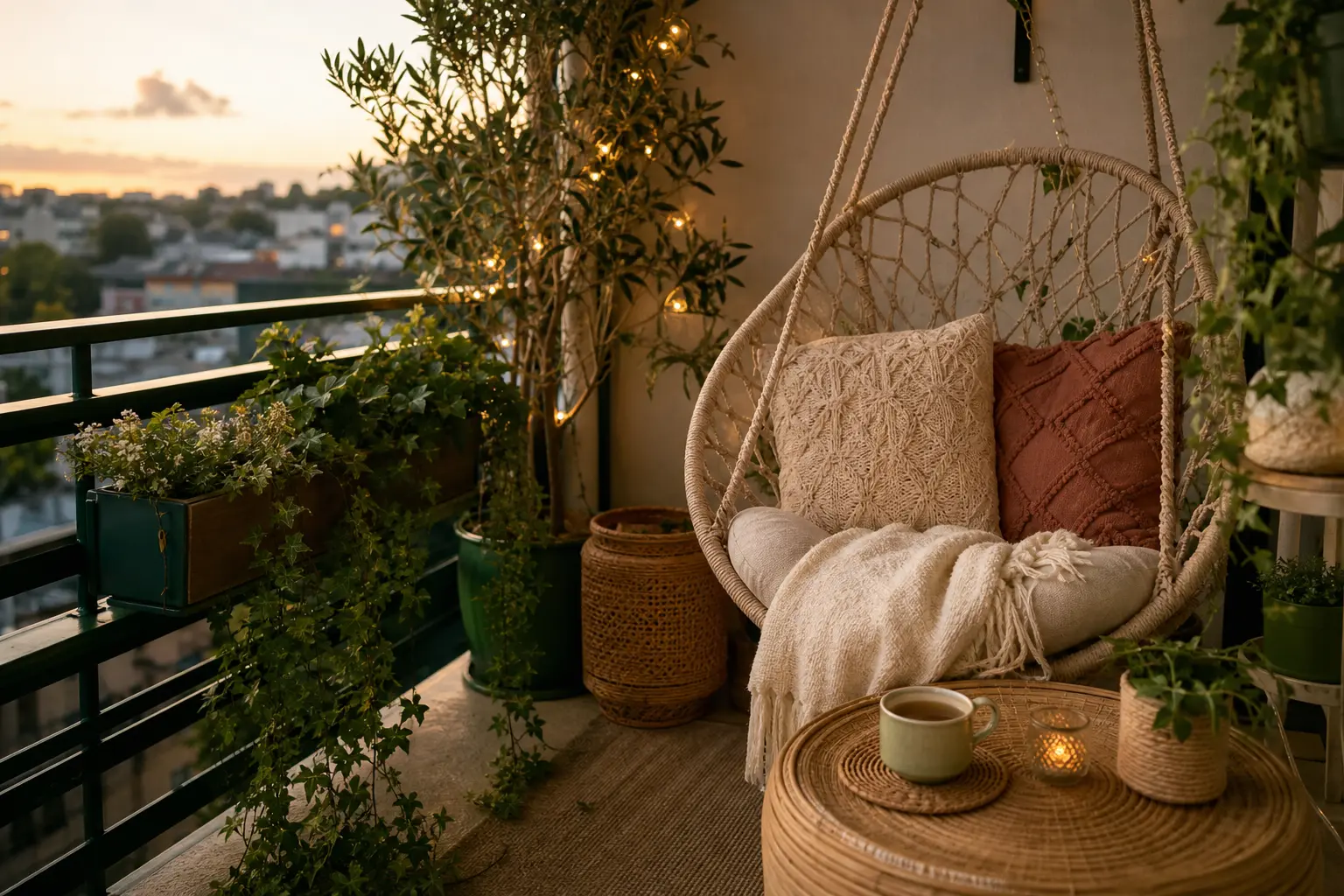 coin détente cosy aménagement petit balcon avec coussins