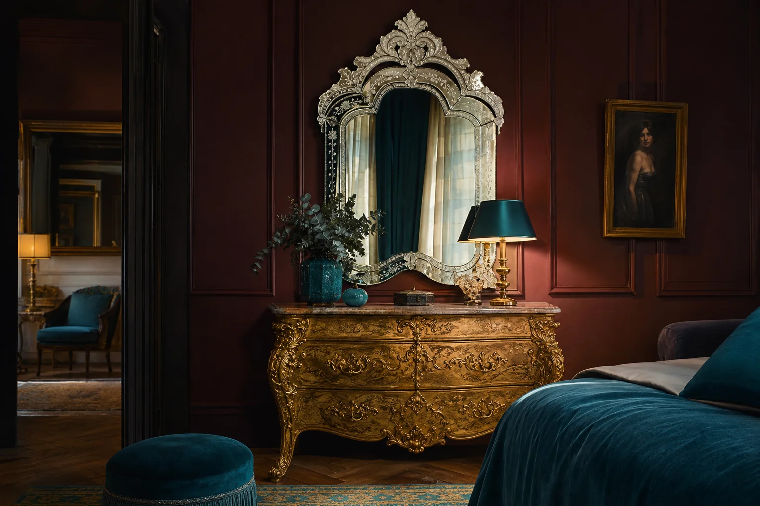 Mobilier baroque, commode sculptée et miroir vénitien Commode et miroir vénitien dans un décor baroque style