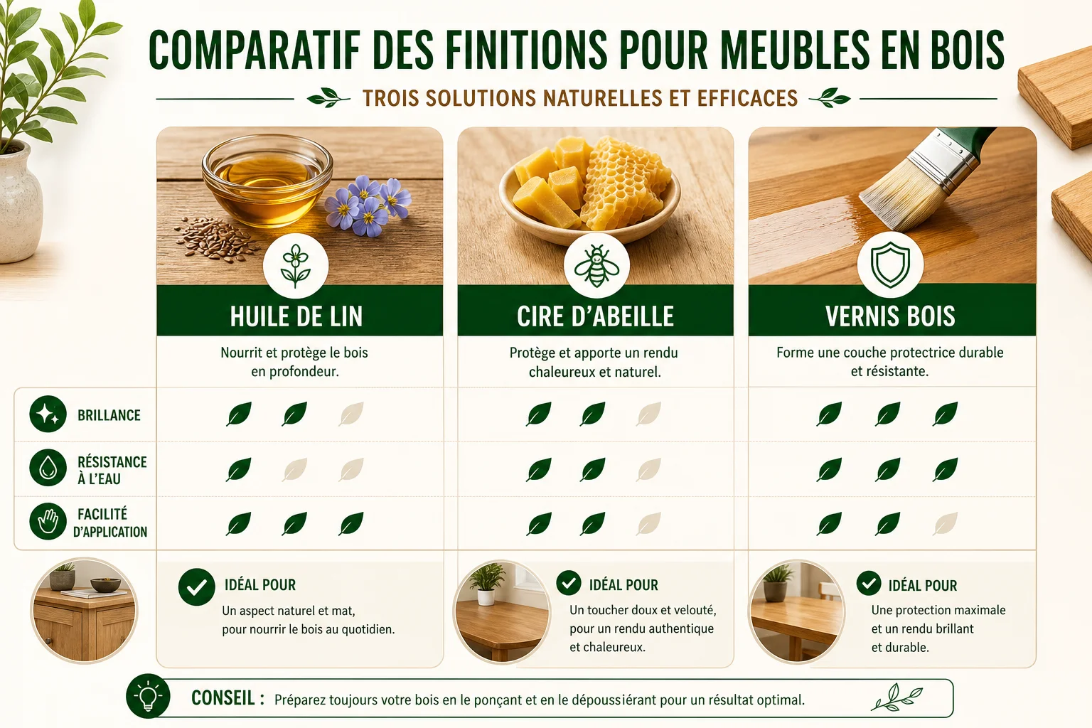 comparatif huile vernis cire pour restaurer une table en bois massif