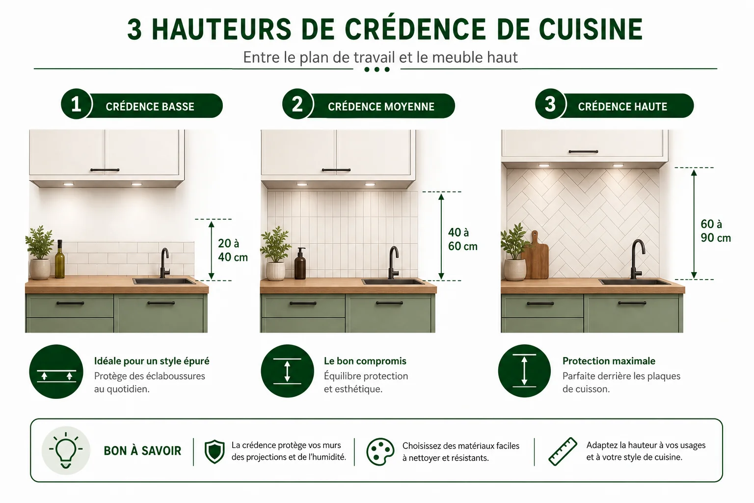 Quelle hauteur choisir pour sa crédence cuisine ? hauteur credence cuisine schema des differentes configurations