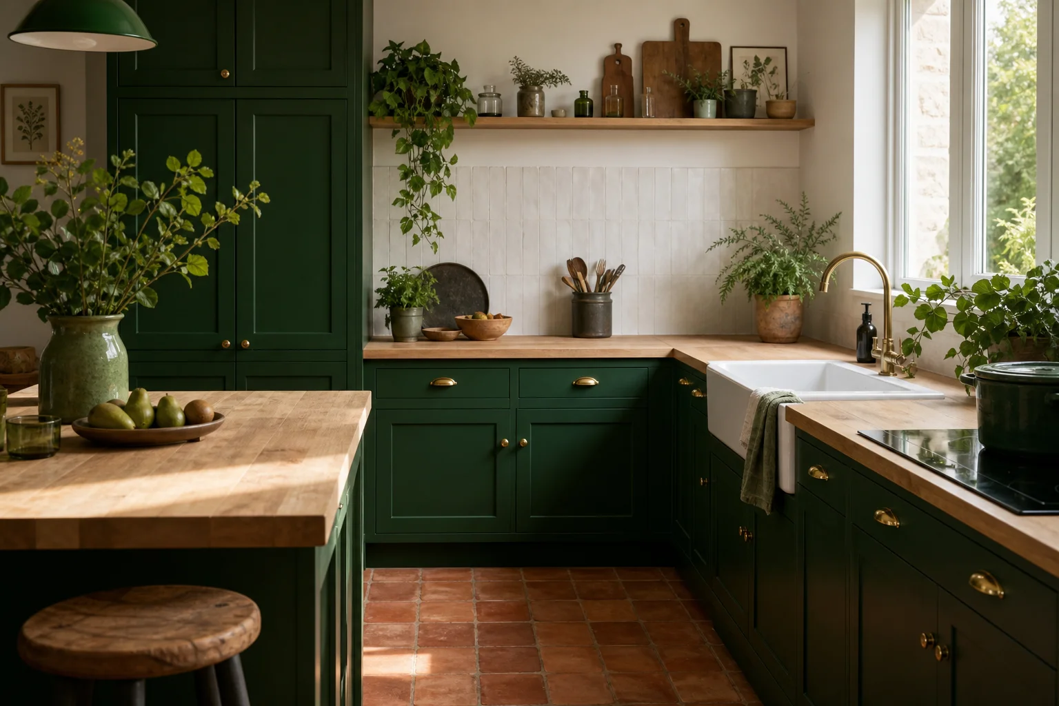 Cuisine vert sapin avec façades et plan de travail bois