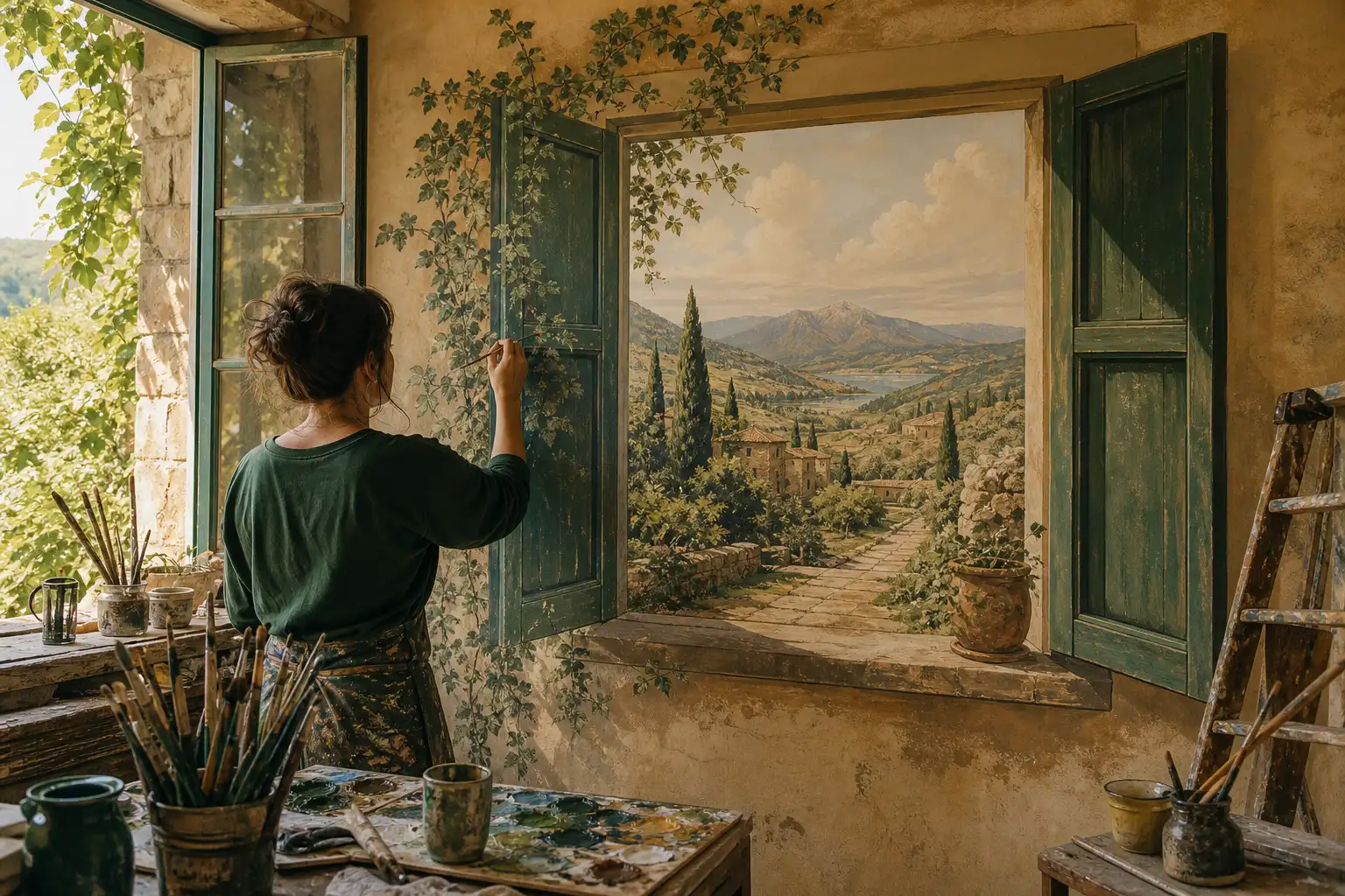 trompe l'oeil peint sur un mur intérieur lumineux