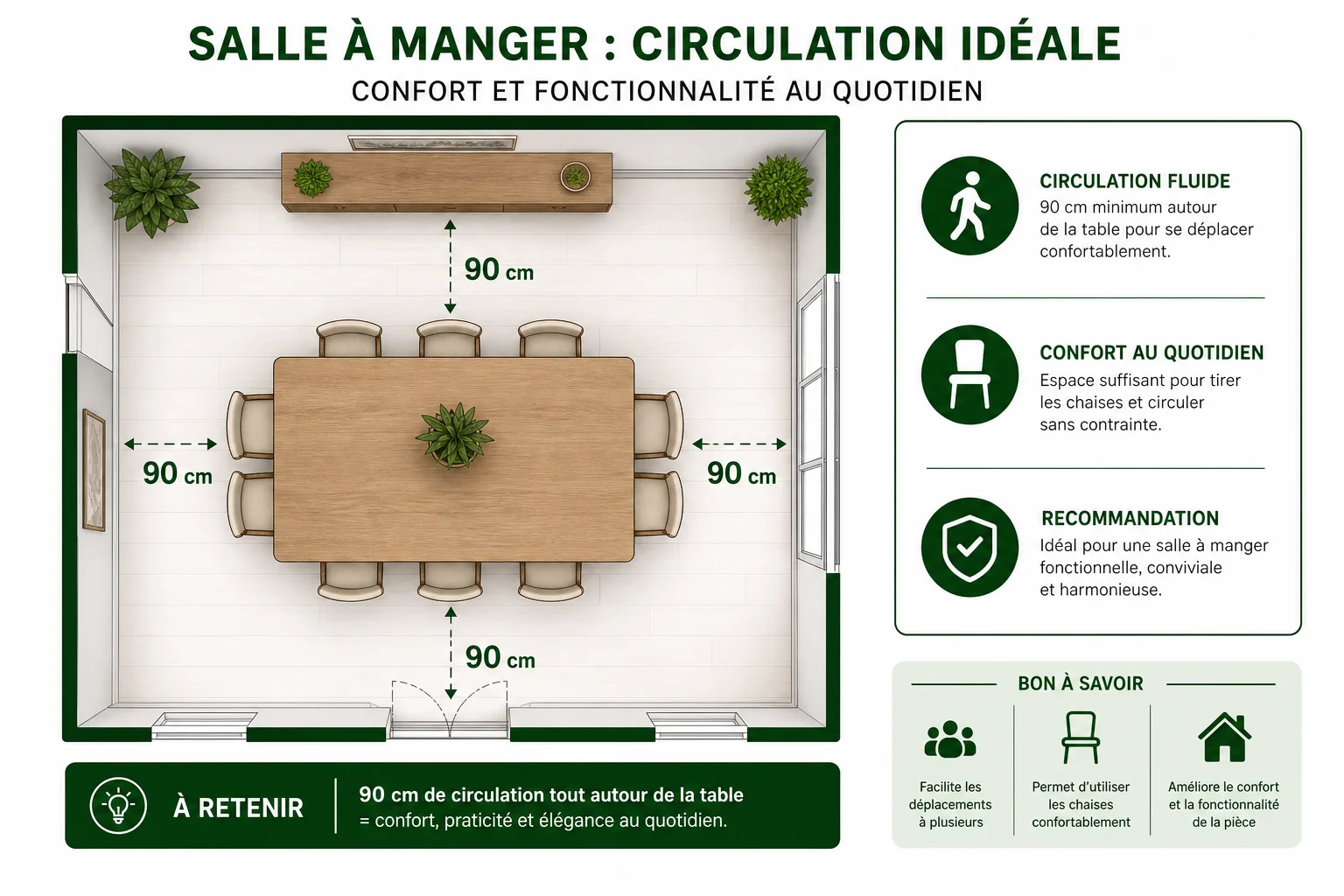 dimensions table à manger et espace de circulation recommandé