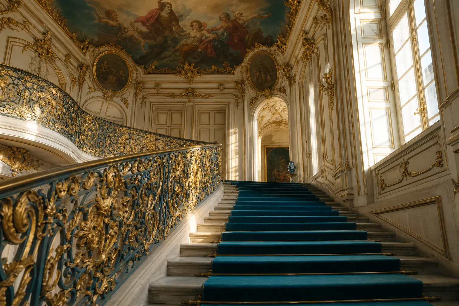 Architecture baroque dans un escalier de château Escalier et architecture baroque dans un château français