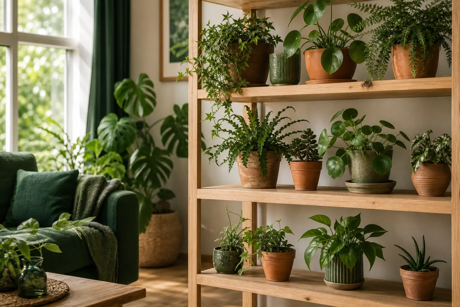 étagère plante dans une déco plante intérieur salon lumineuse
