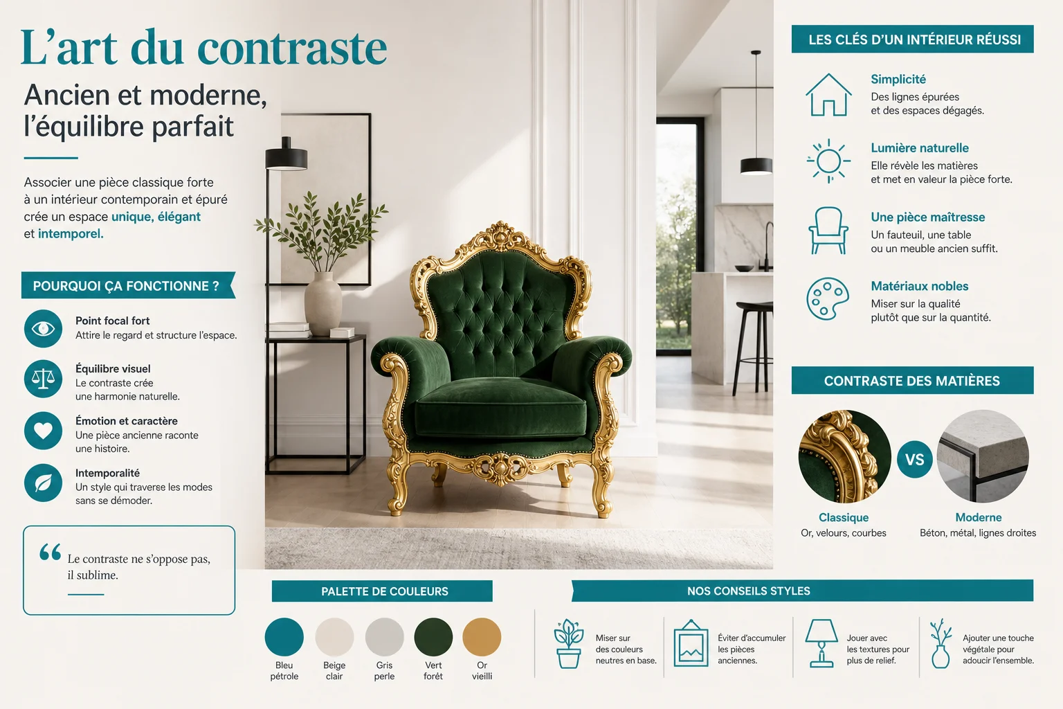 Mélanger baroque style et décoration moderne Fauteuil baroque style dans un salon contemporain épuré