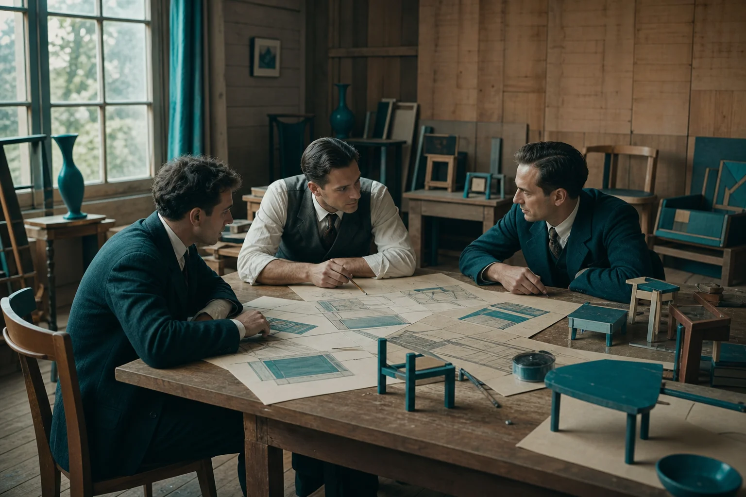 Figures du bauhaus design travaillant sur du mobilier en atelier