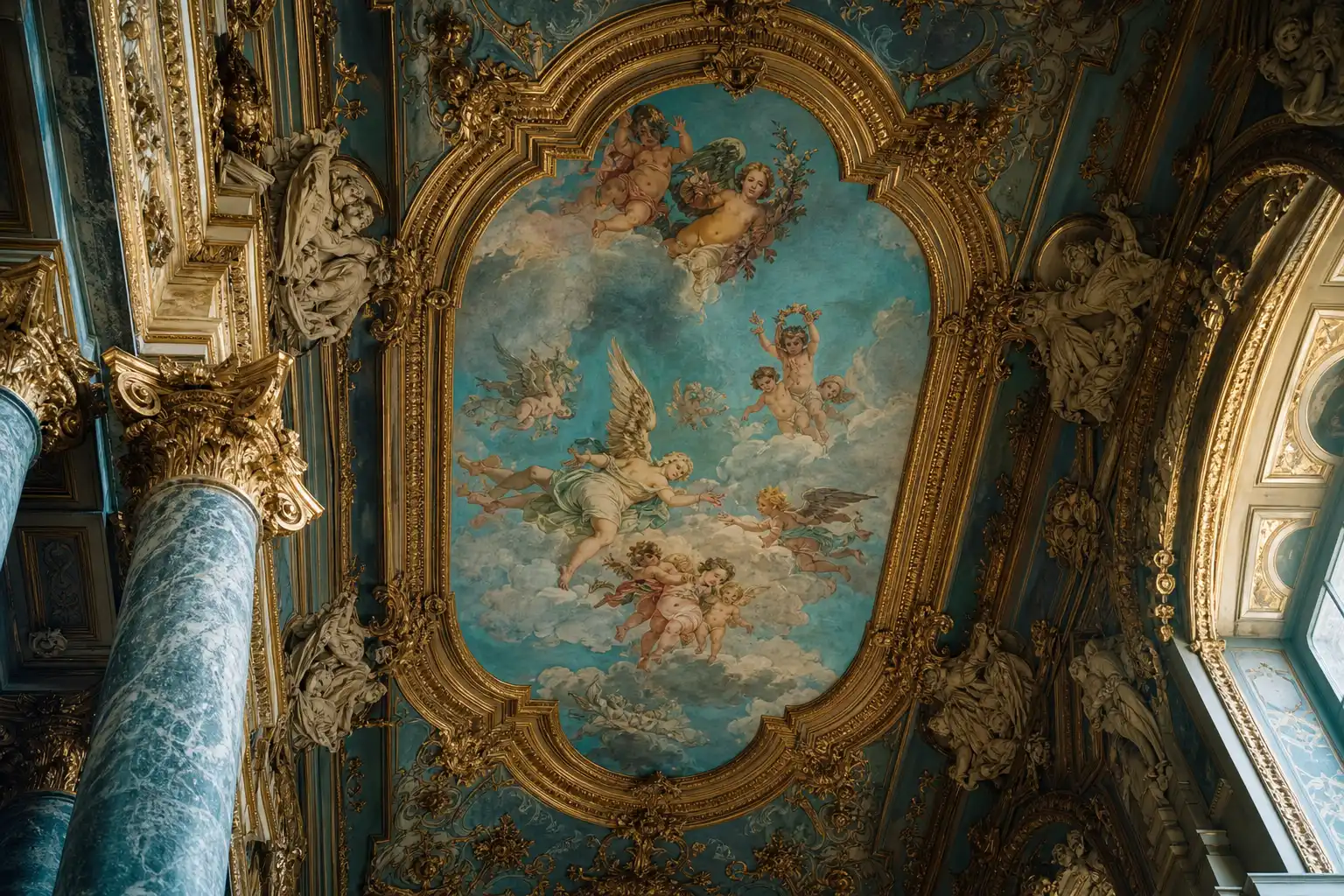 Origine italienne du style baroque en fresque Fresque baroque italienne au plafond d'un palais historique