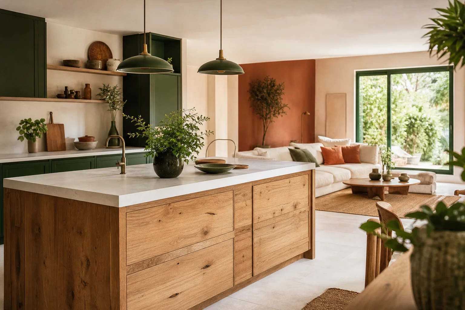 harmonie déco entre cuisine ouverte et salon avec matériaux assortis