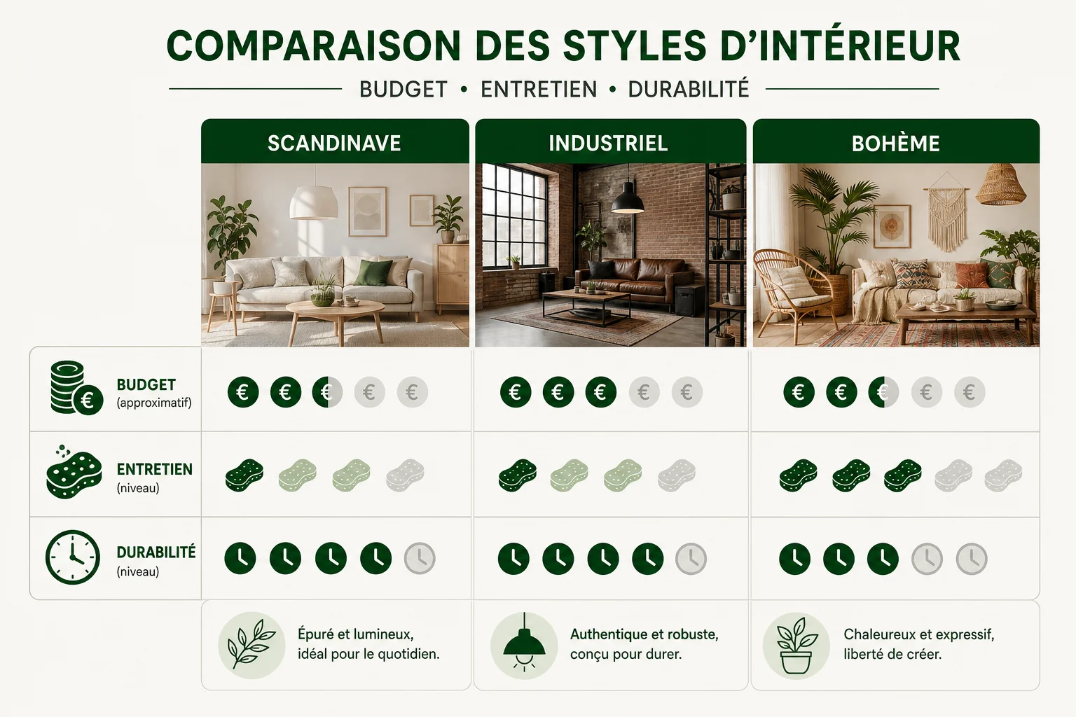 Comparatif budget et entretien style scandinave industriel bohème