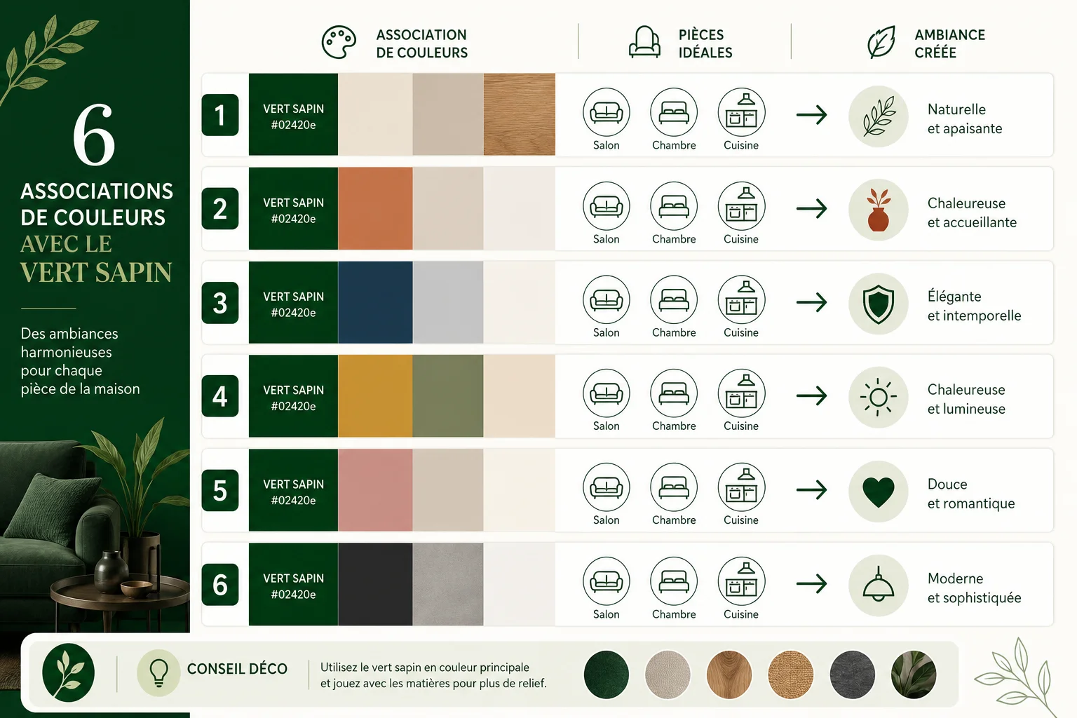 Infographie quelle couleur avec le vert sapin selon la pièce