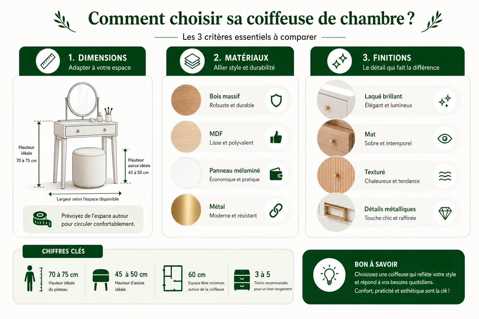 Tableau comparatif des critères pour choisir une coiffeuse chambre