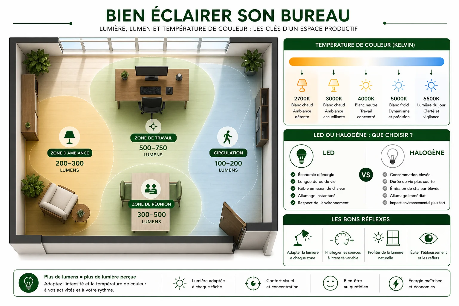 Les critères clés pour bien choisir sa lampe de bureau infographie critères de choix lampe de bureau luminosité et température