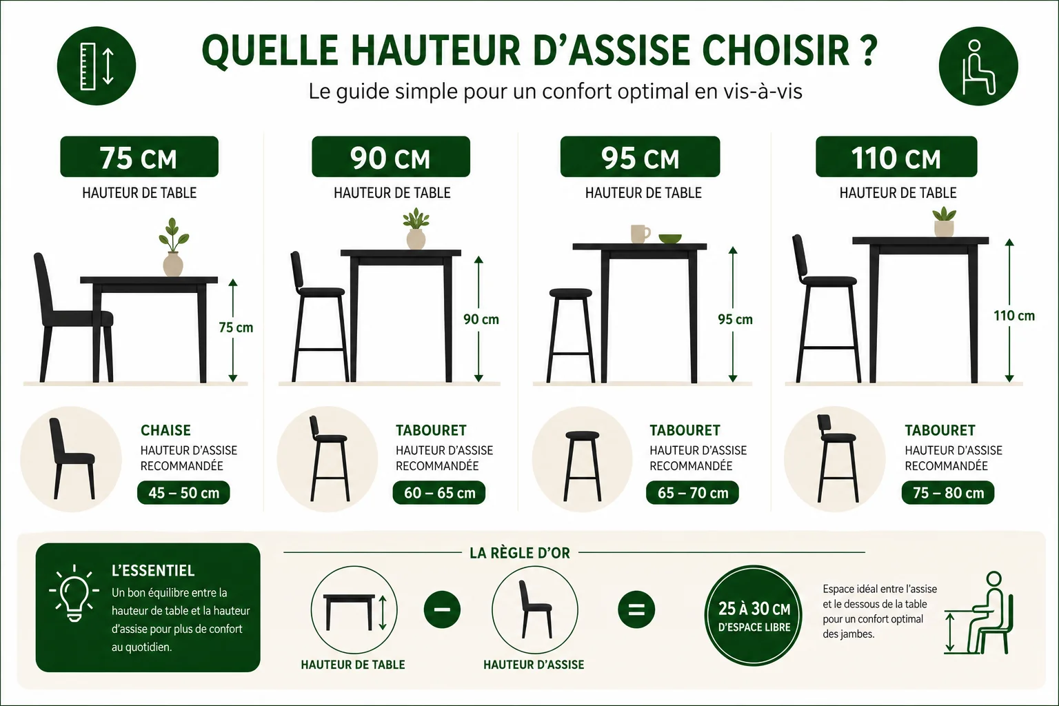 tableau hauteur chaise pour table 90 cm et autres hauteurs de table