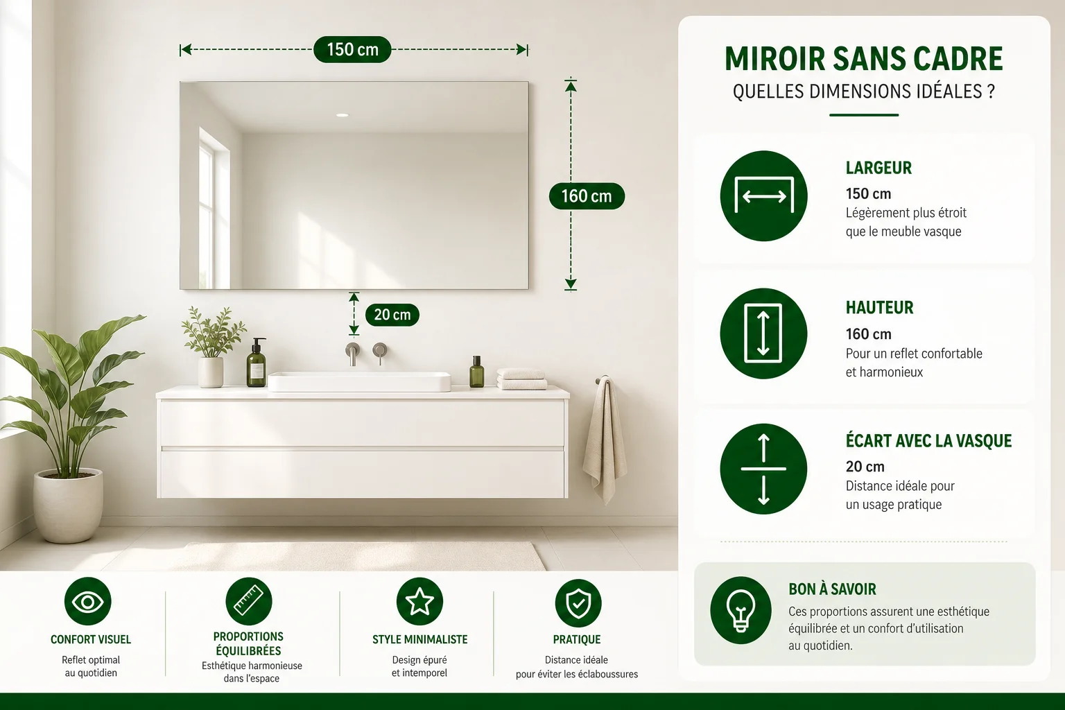 schéma indiquant quelle hauteur miroir salle de bain respecter au-dessus du meuble vasque