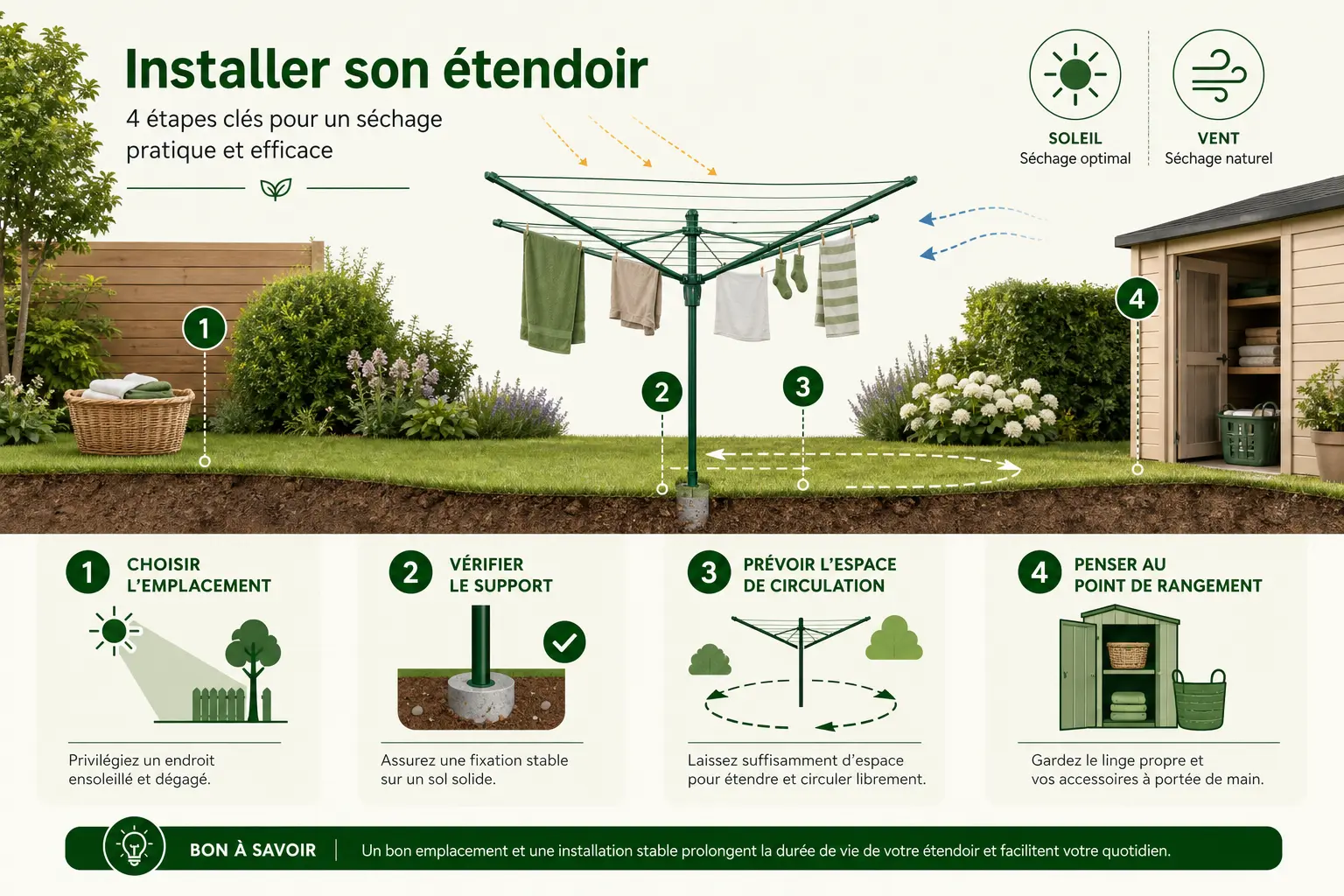 étapes pour bien installer un étendoir à linge extérieur