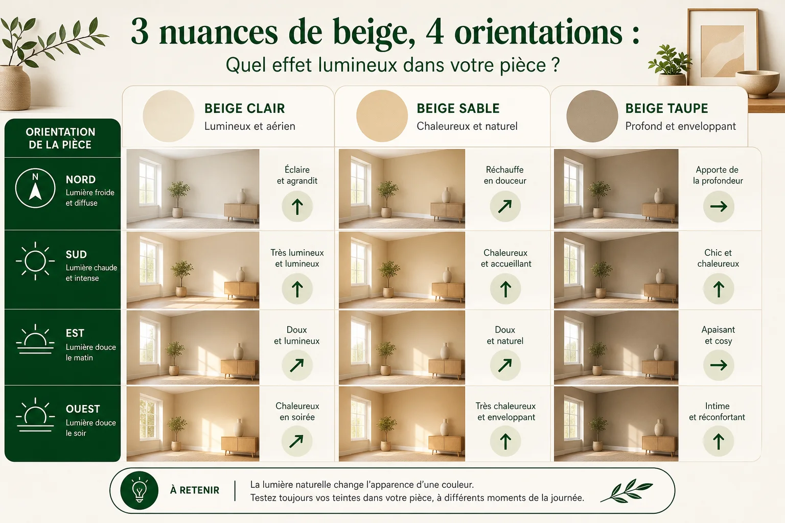 Infographie des nuances de beige pour un salon selon la luminosité