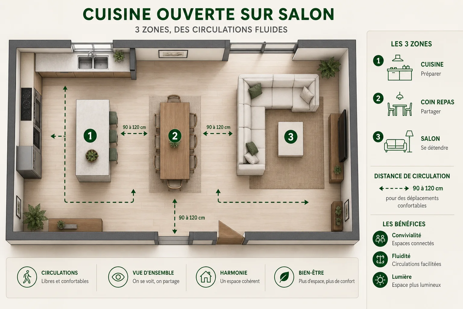 plan infographique pour aménager une cuisine ouverte sur salon avec zones