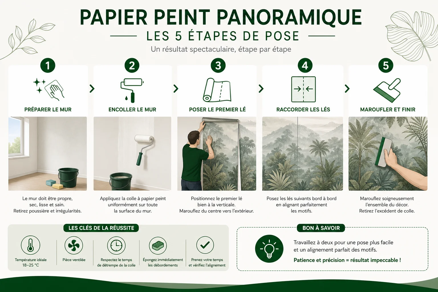 Guide visuel de pose du papier peint panoramique Étapes de pose d'un papier peint panoramique en 5 points