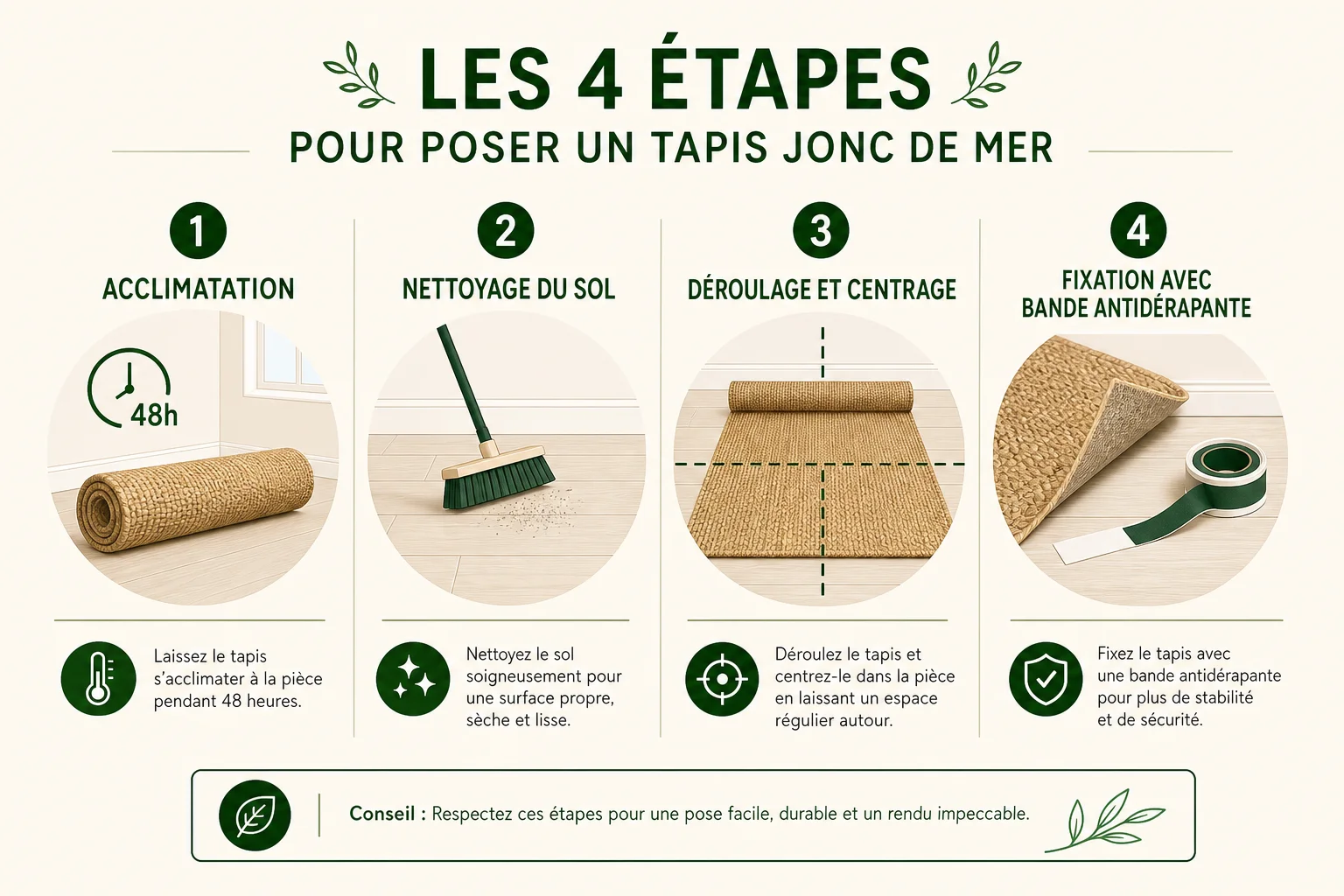 étapes de pose d'un tapis jonc de mer sur sol naturel