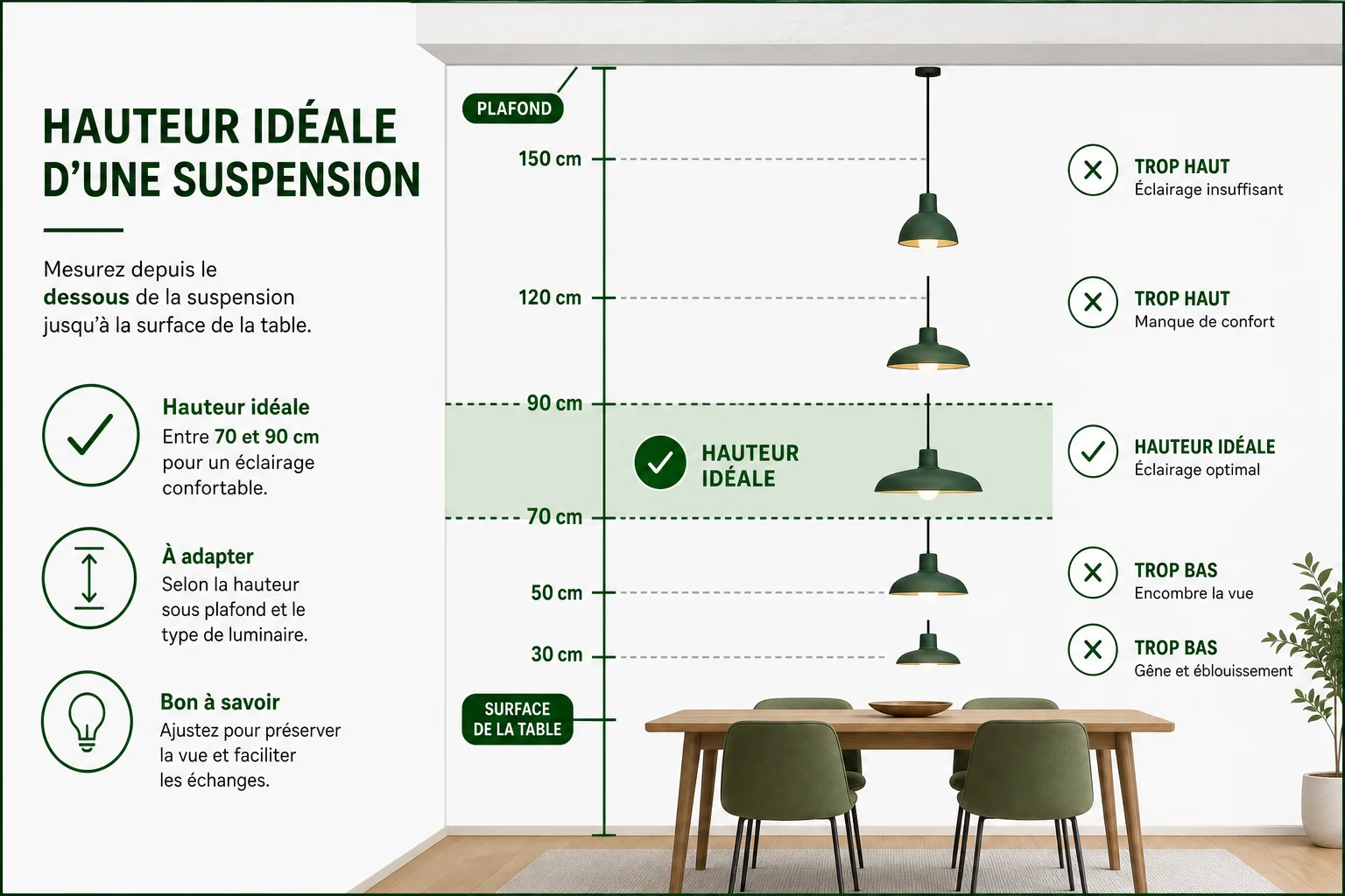 Infographie la règle des 70-90 cm pour suspension Infographie hauteur idéale suspension au-dessus d'une table 70 à 90 cm