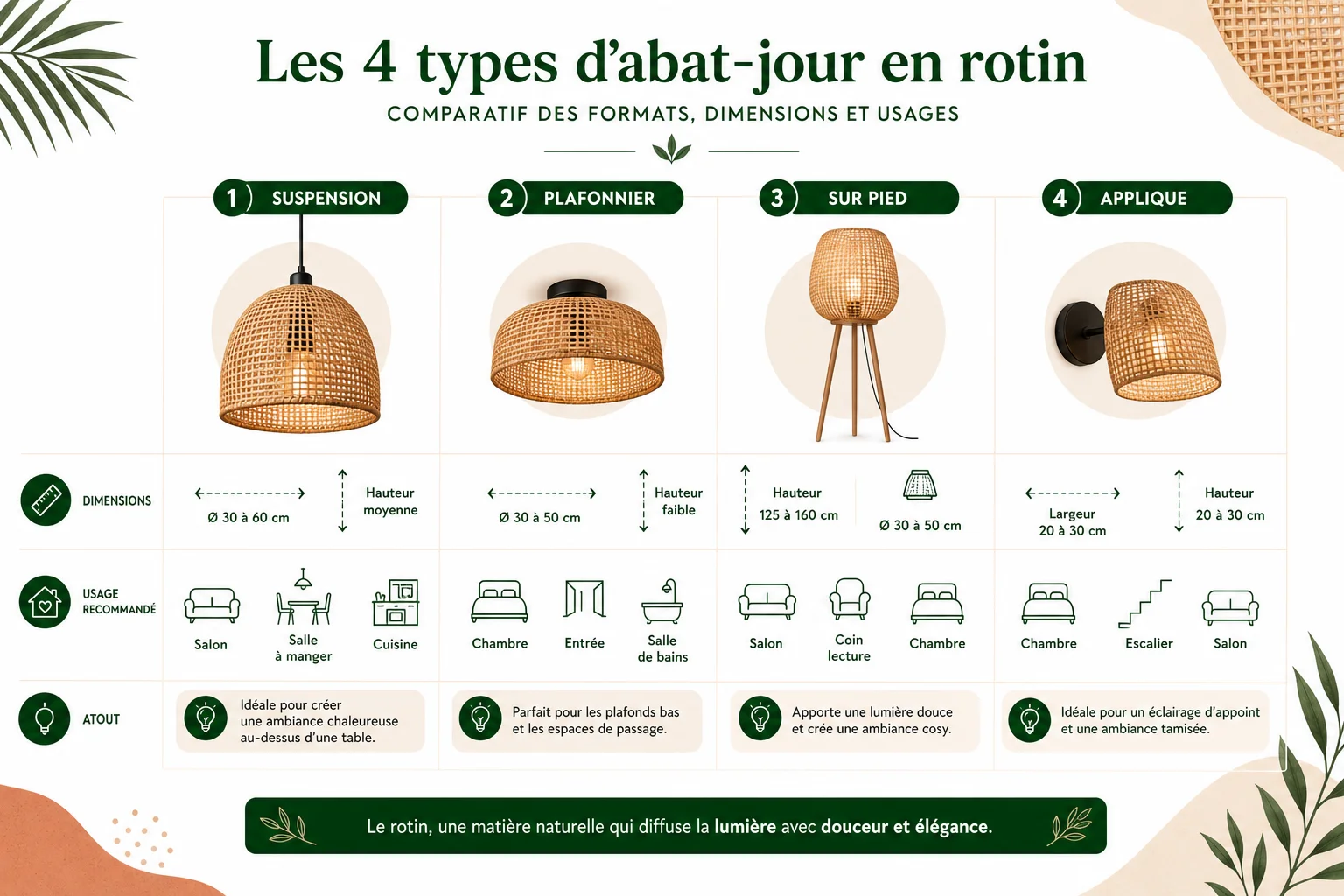 comparatif des types d'abat jour rotin suspension plafonnier et sur pied