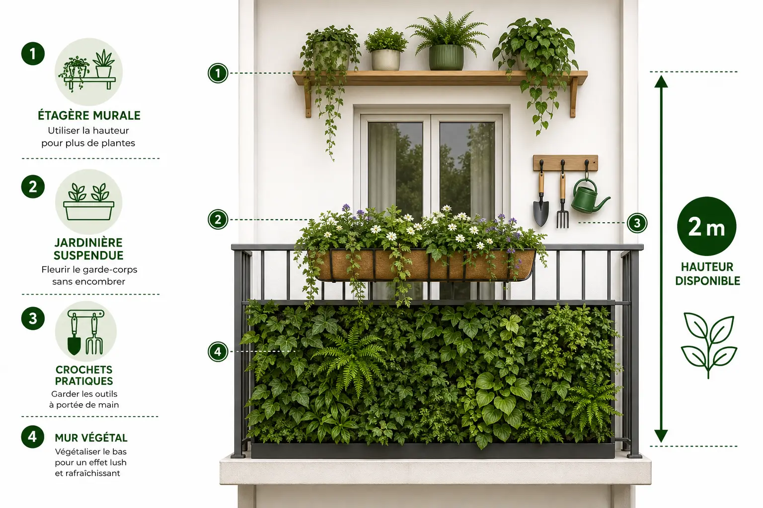 schéma verticalité aménagement petit balcon étagères et suspensions