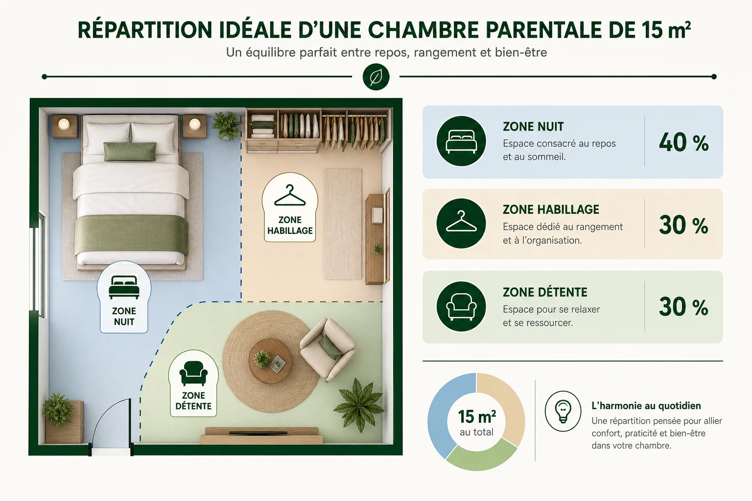 infographie aménagement chambre parentale zones nuit habillage détente